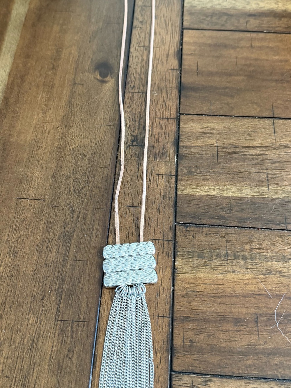 paparazzi Silver Tassel Necklace with Pale Beige Cord and Earrings